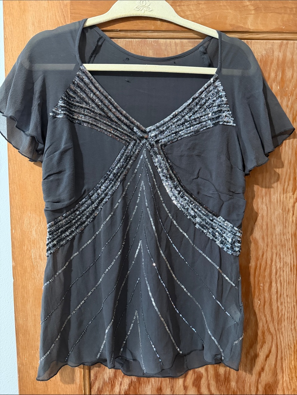 Patricia Pepe NWOT Embellished Sheer Flutter Sleeve Top - Charcoal Gray